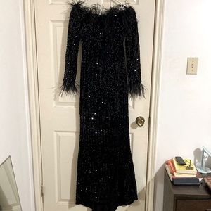 Bardot-style black sequin formal